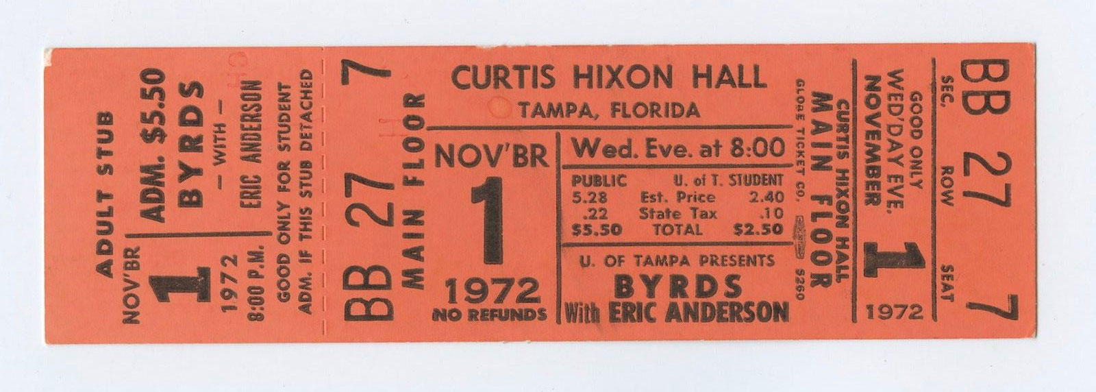 The BYRDS with Eric Anderson Ticket Vintage Full Stub 1972 Nov 1 Curtis Hixon  