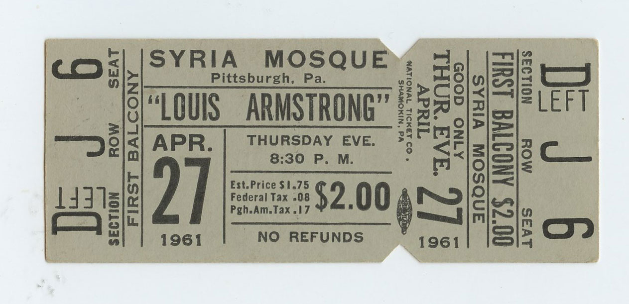 Louis Armstrong Ticket Vintage 1961 Apr 27 Pittsburgh PA 