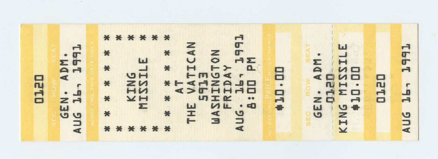 King Missile Ticket Vintage 1991 Aug 16 The Vatican Houston   