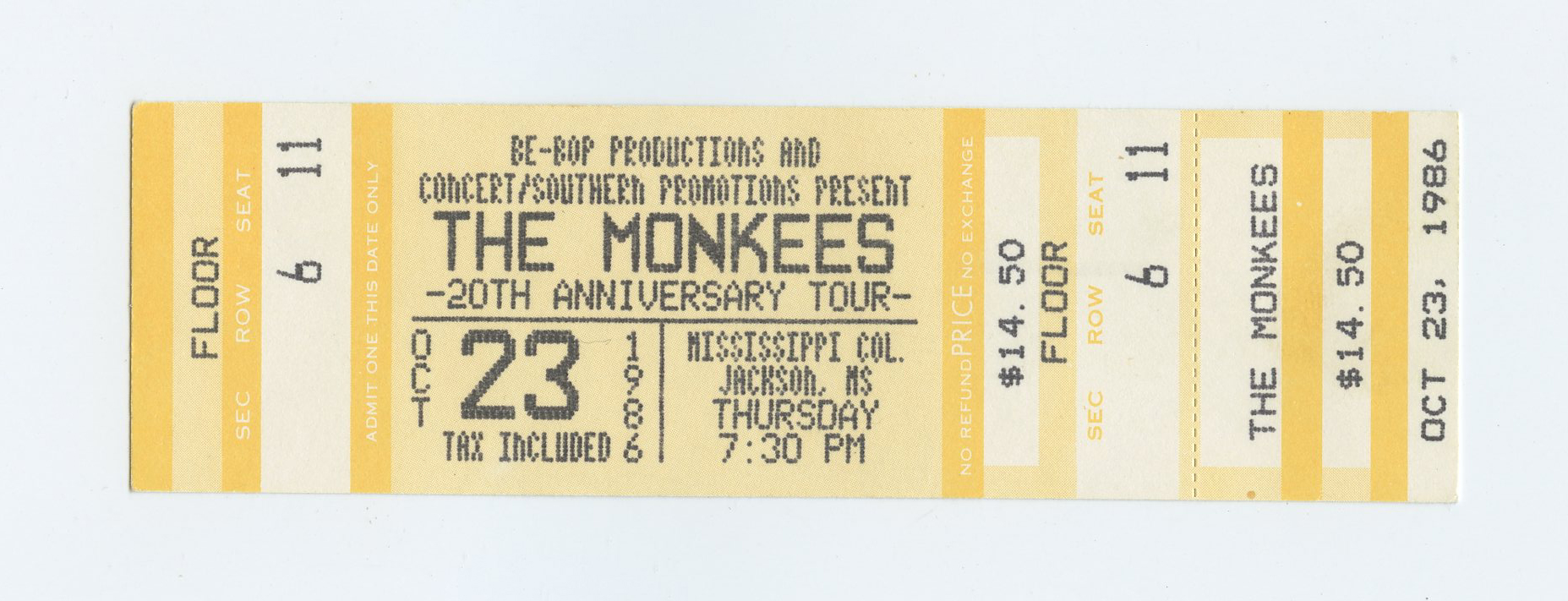 The Monkees Ticket Vintage 1986 Oct 23 20th Anniversary Jackson MS 