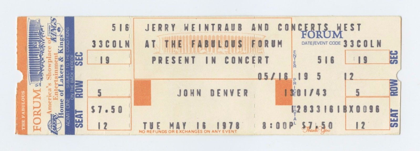 John Denver Ticket Vintage 1978 May 16 Fabulous Forum Inglewoos CA 