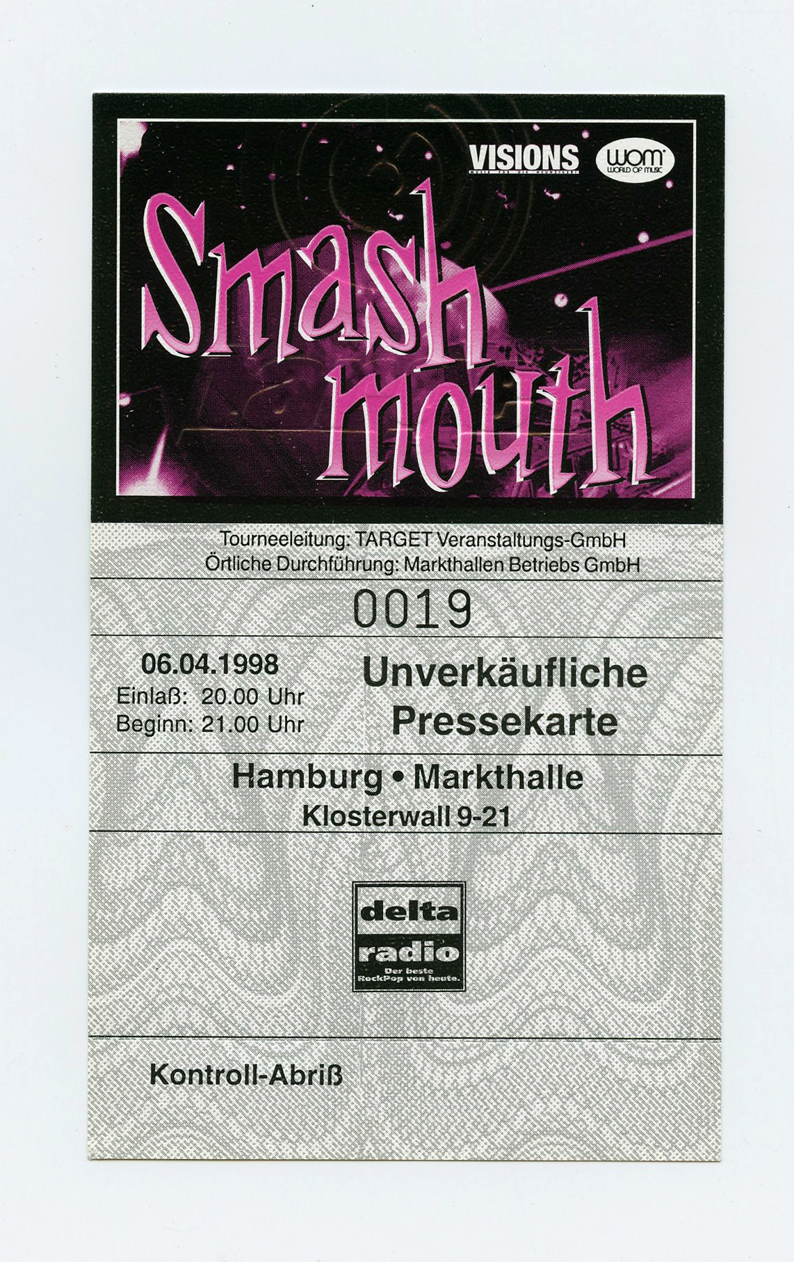 Smash Mouth Ticket Vintage 1998 Apr 6 Hamburg Germany 