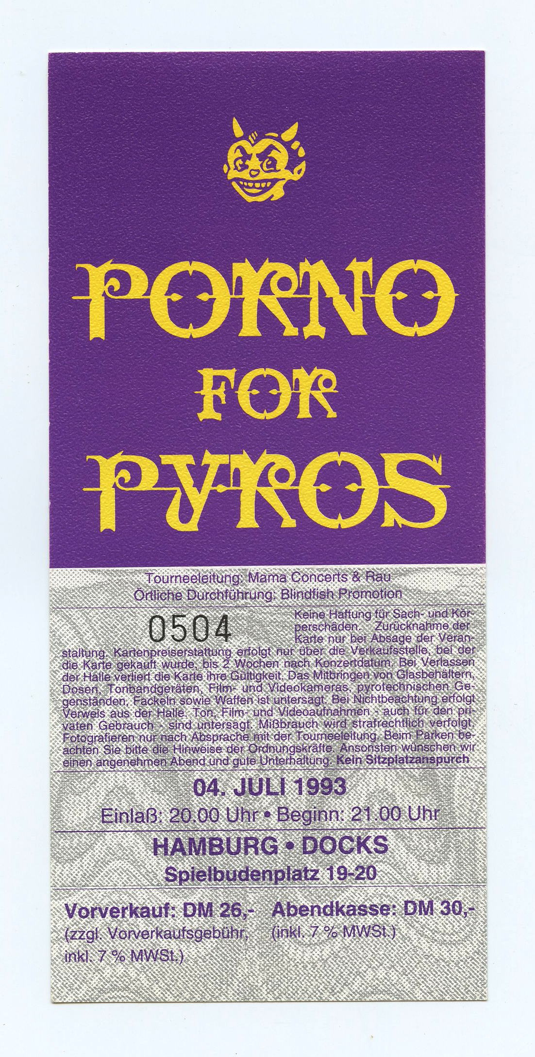 1102px x 2175px - Porno For Pyros Vintage Ticket 1993 July 4 Hamburg Germany | Vintage  Collectibles Concert Poster Ticketstbus Handbills