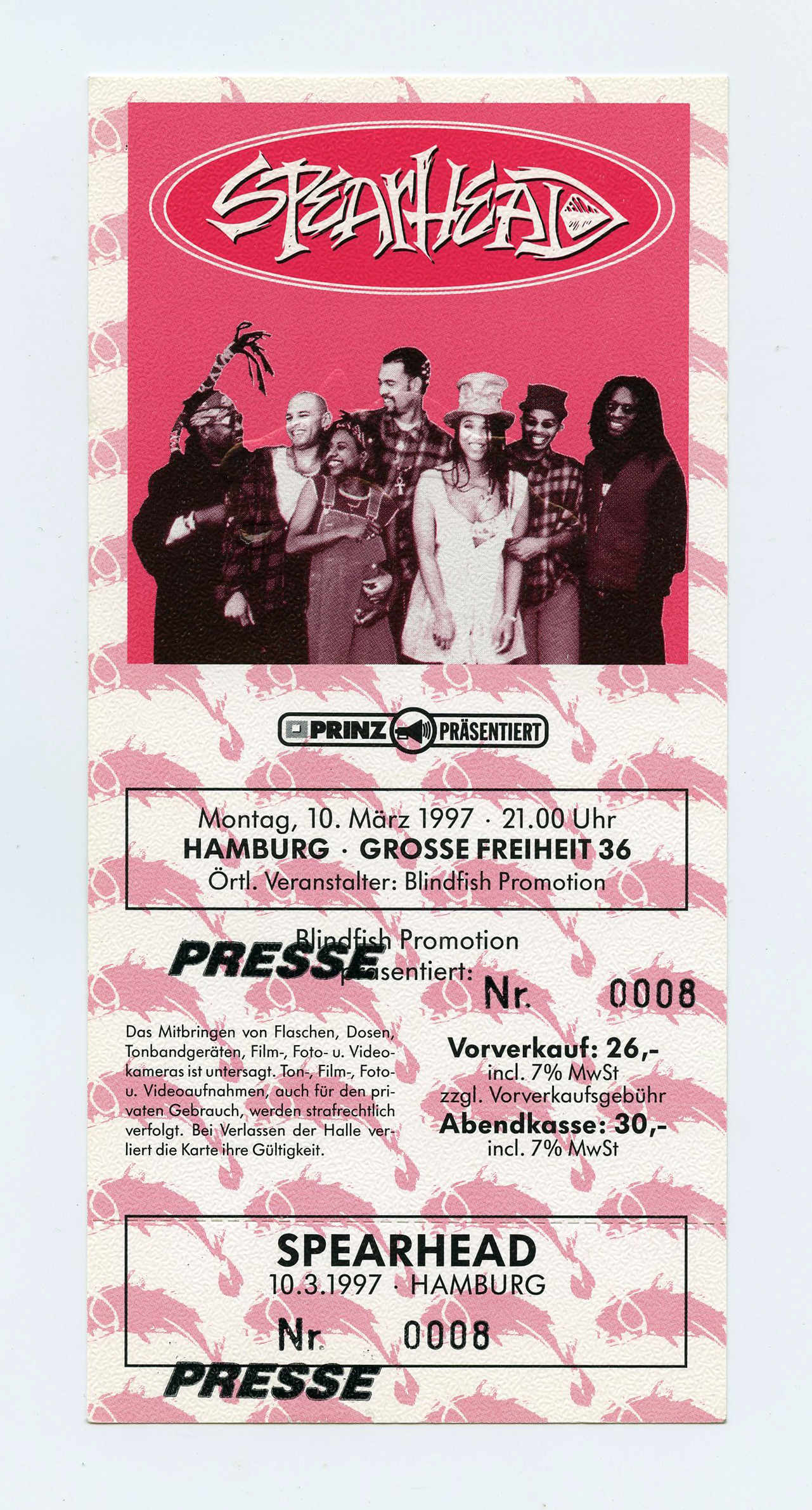 Spearhead Ticket Vintage 1997 March 10 Hamburg Germany  