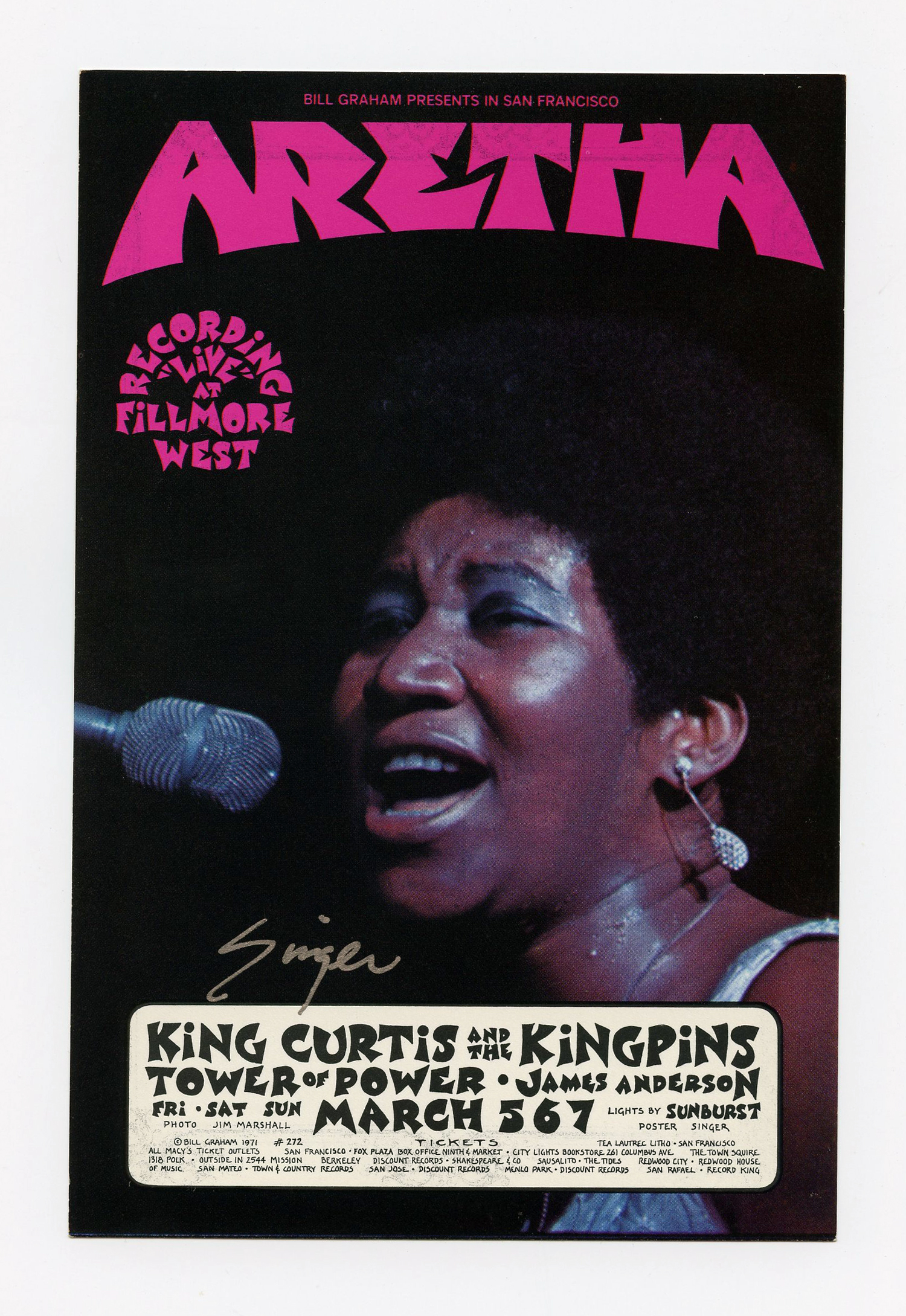 BG 272 Postcard Aretha Franklin King 1971 Mar 5 David Singer signed