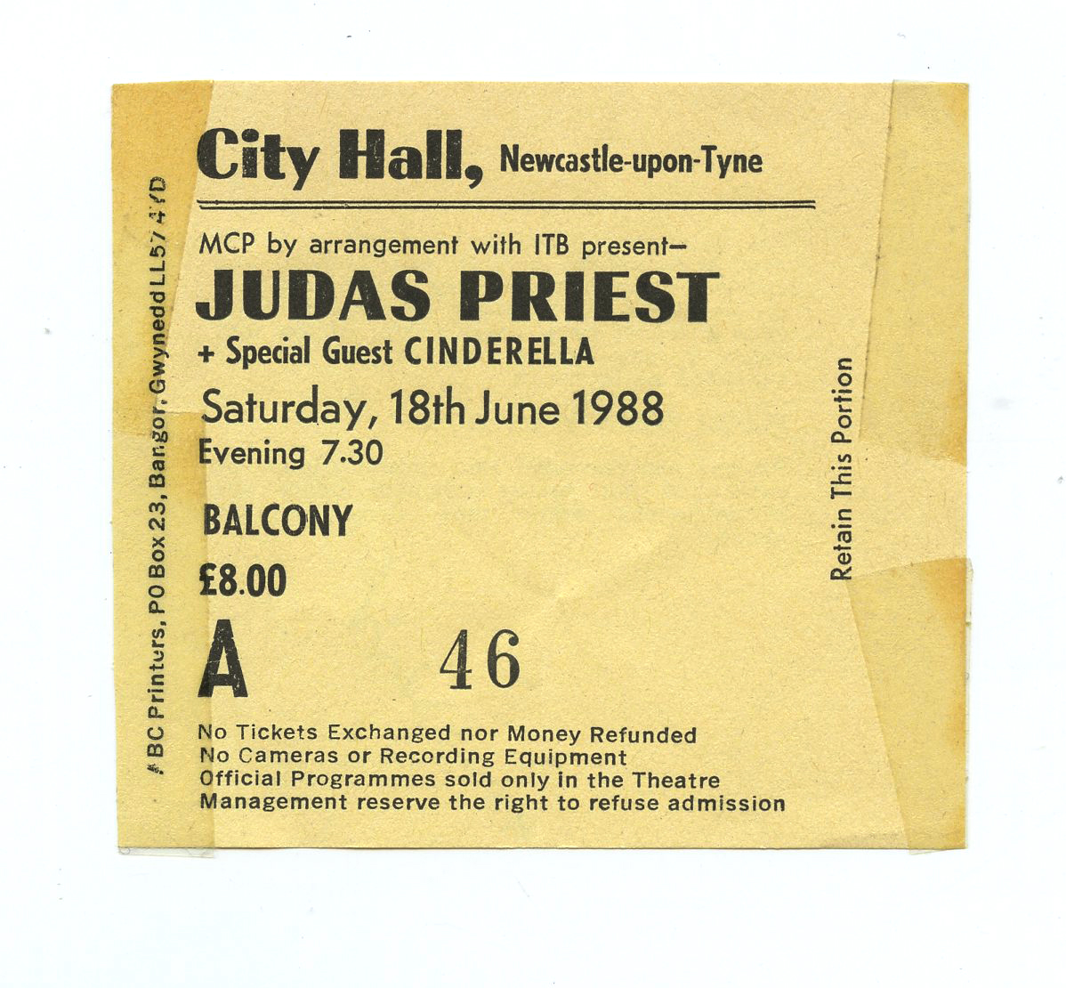 Judas Priest Ticket Vintage Stub 1988 Jun 18 City Hall Newcastle UK 