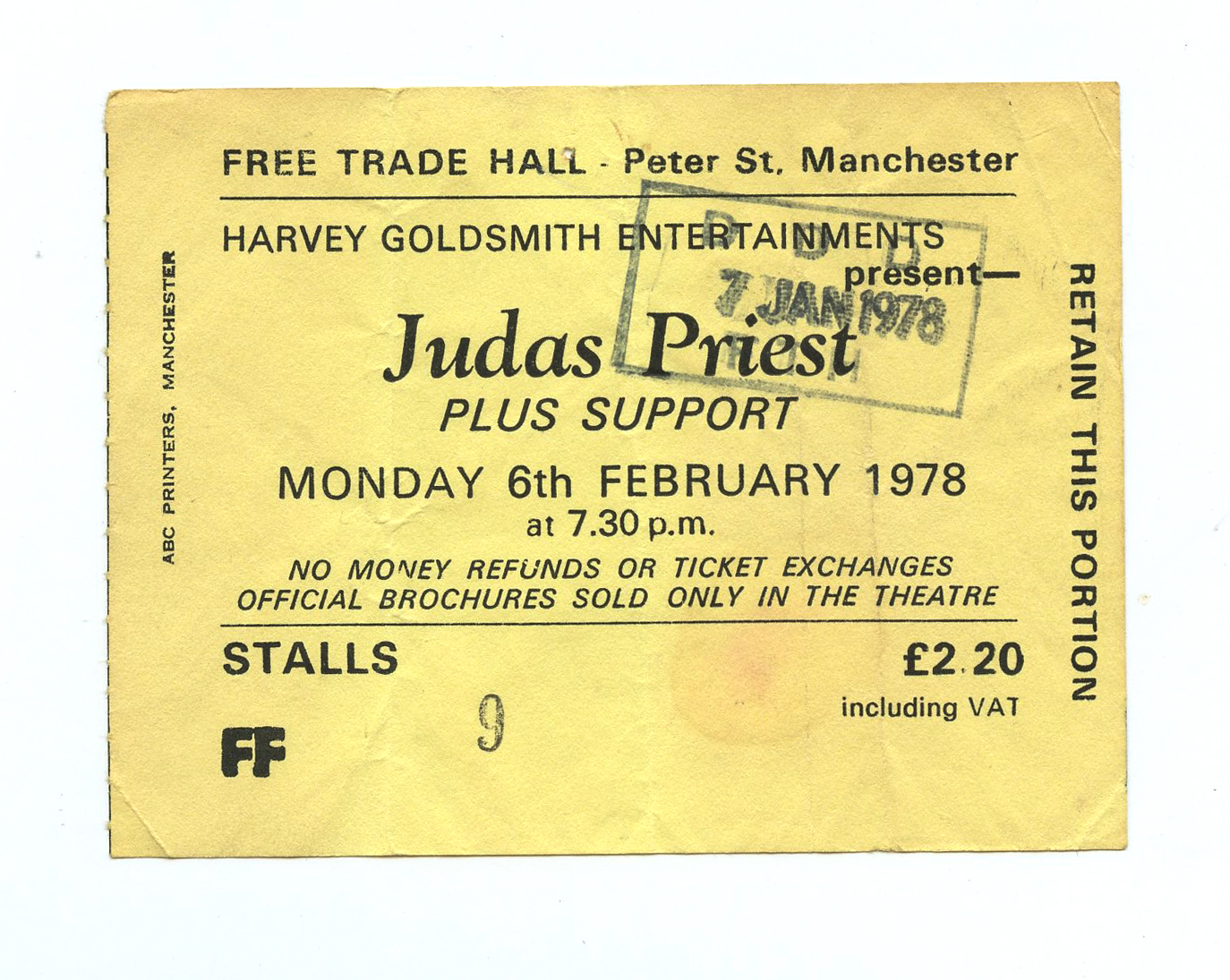 Judas Priest Ticket Vintage Stub 1978 February 6 Free Trade Hall Manchester UK