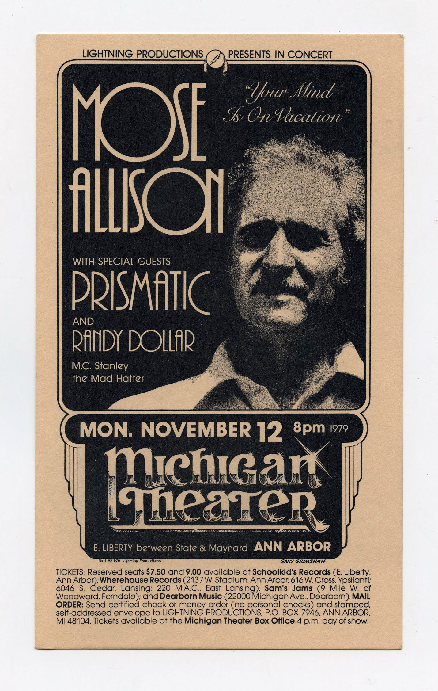 Mose Allison Handbill 1979 Nov 12 Michigan Theater Gary Grimshaw