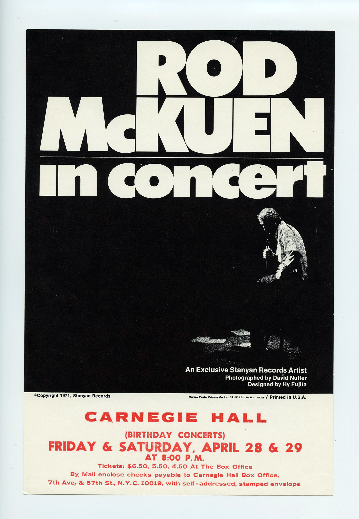 Rod McKuen Handbill 1971 Apr 28 Carnegie Hall NY David Nutter