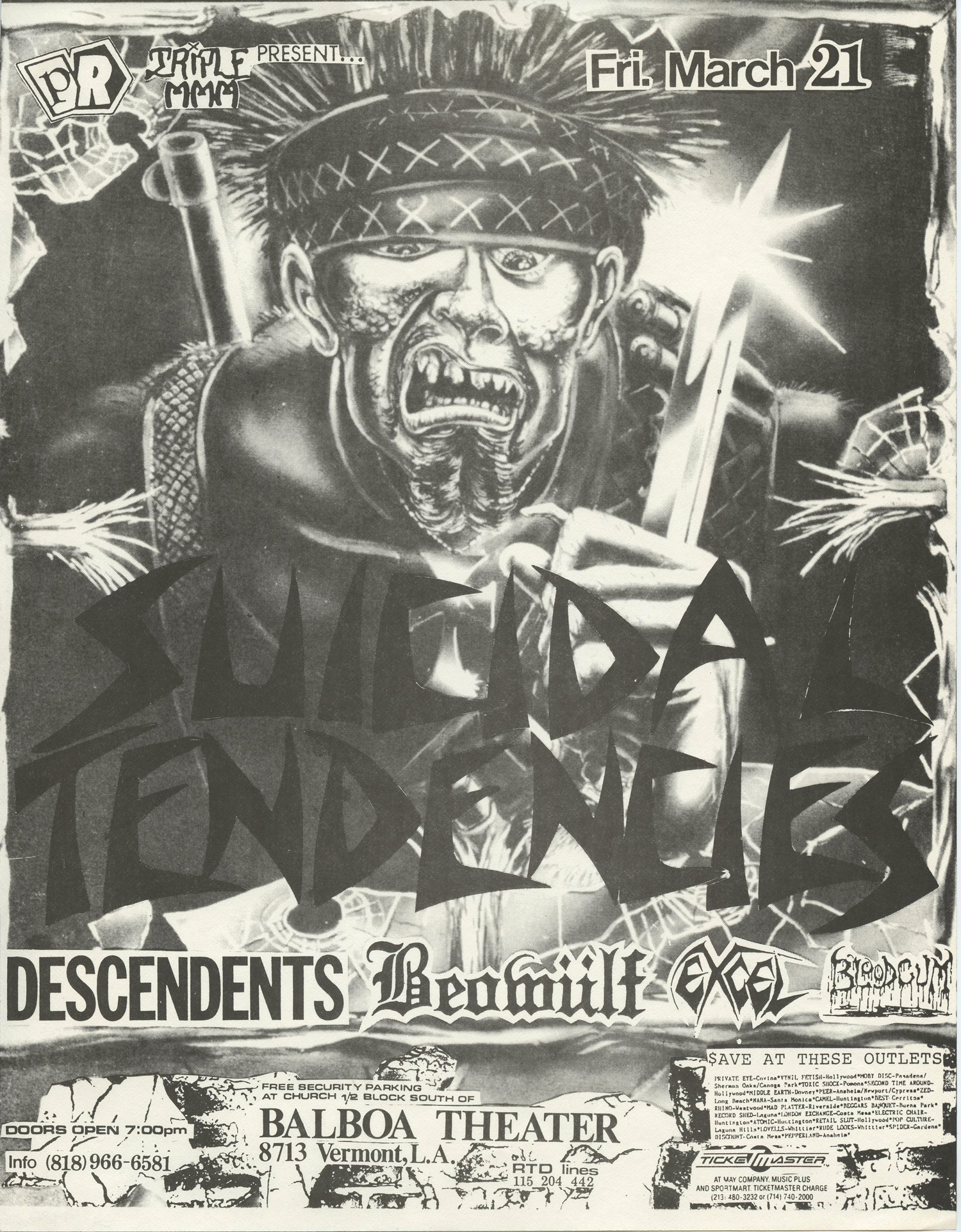 Suicidal Tendencies Handbill 1986 March 21 Balboa Theater LA 