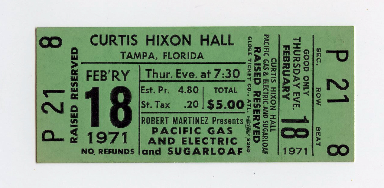 Pacific Gas and Electric Ticket Vintage 1971 Feb 18 Curtis Hixon Hall Tampa FL 