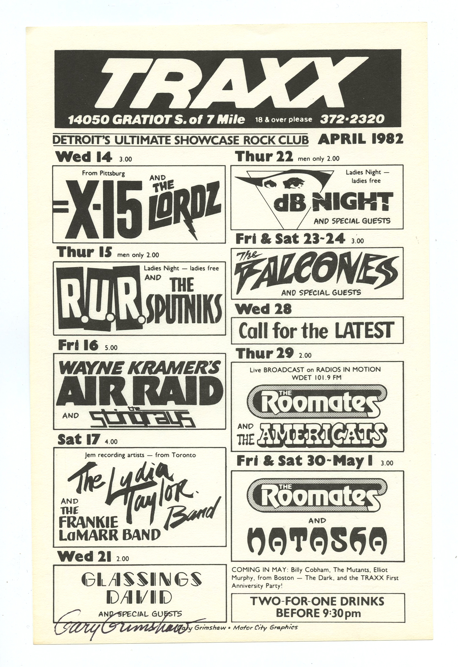 TRAXX Handbill 1982 April X-25 RUR Sputniks Roomates Gary Grimshaw signed