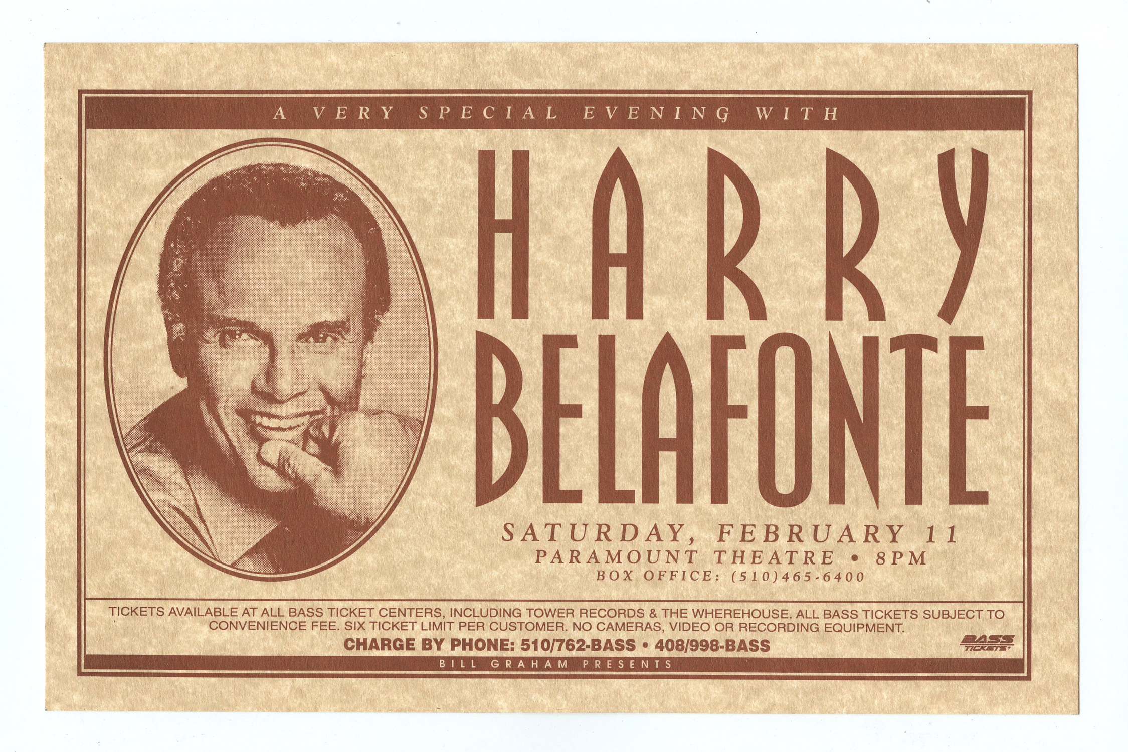 Harry Belafonte Handbill 1995 Feb 11 Paramount Theatre Oakland