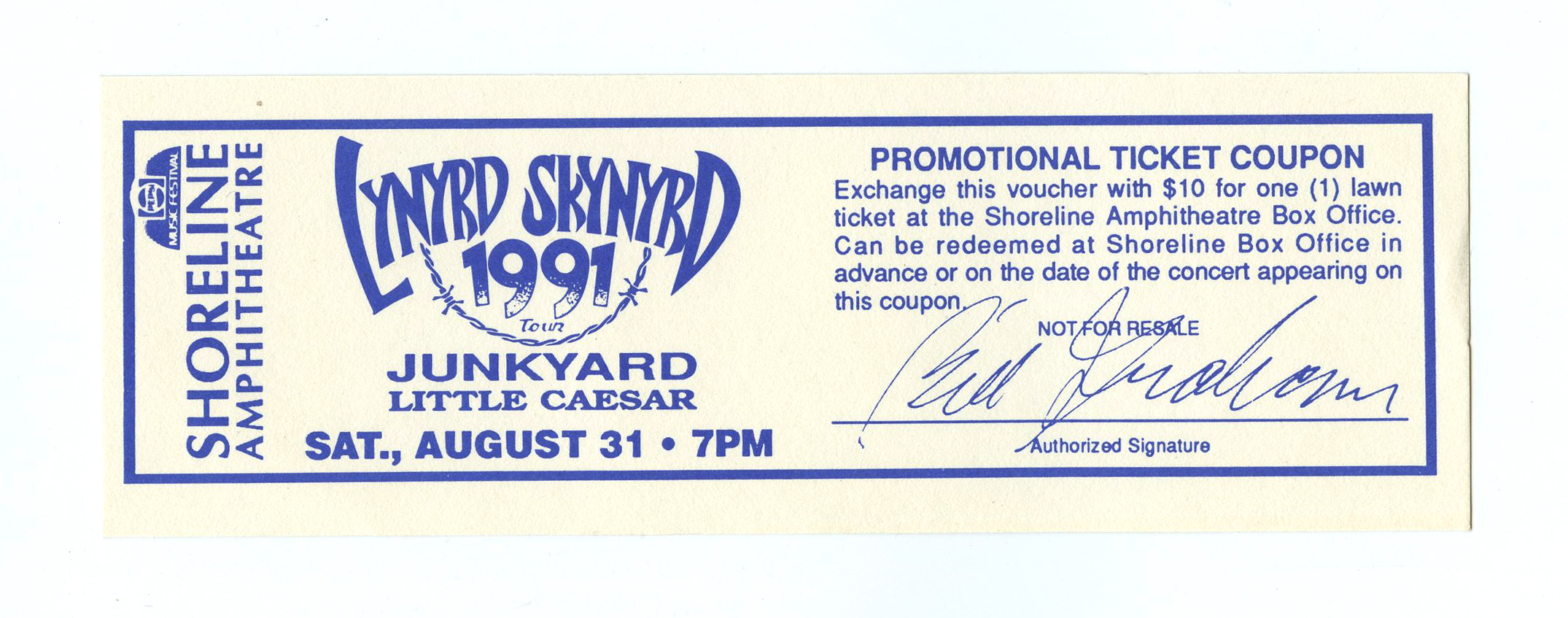 Lynyrd Skynyrd Ticket Vintage Promo Coupon 1991 Aug 31 Bill Graham