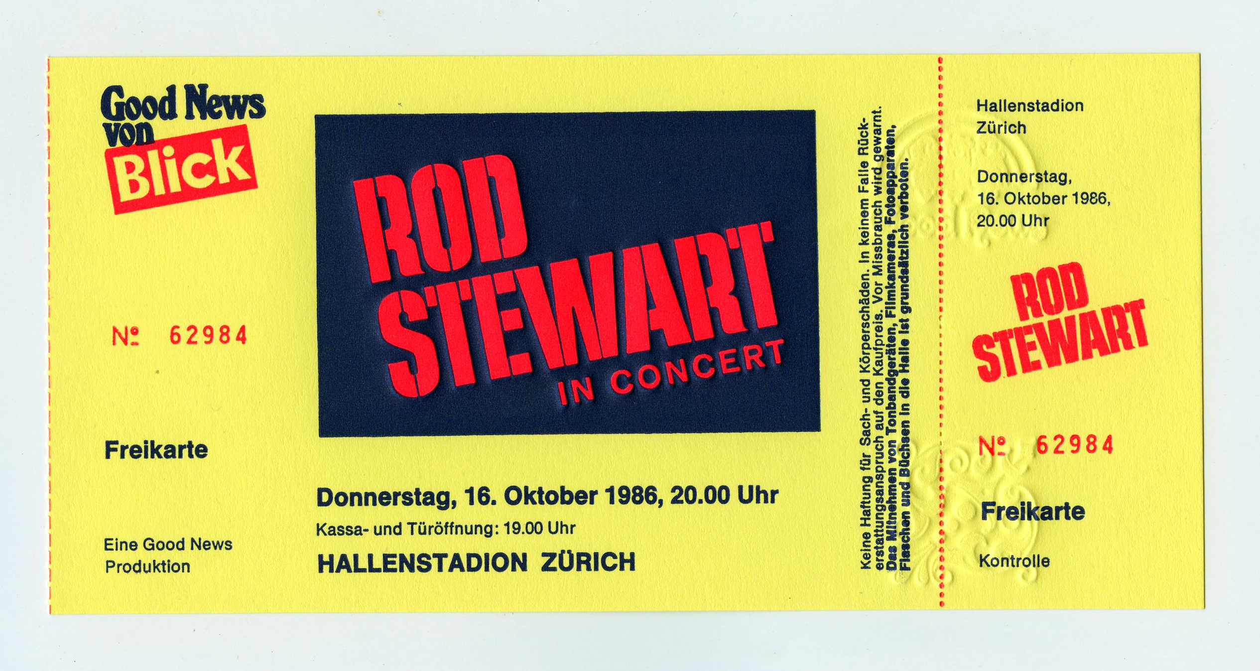 Rod Stewart Ticket Vintage 1986 Oct 16 Zurich Switzerland 