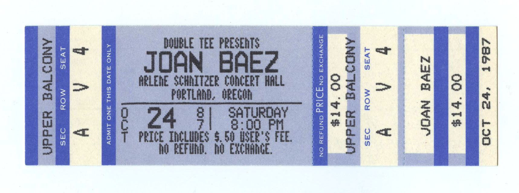 Joan Baez Ticket Vintage 1987 Oct 27 Arlene Schnitzer Concert Hall Portland 