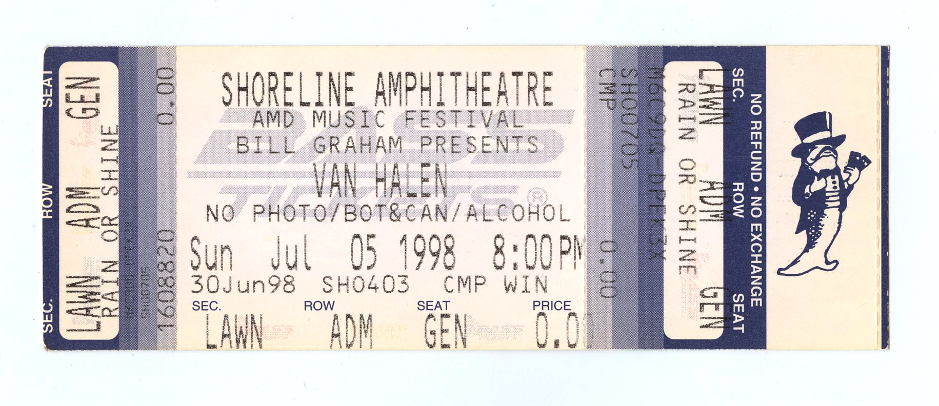 Van Halen Ticket Vintage 1998 Jul 5 Shoreline Amphitheatre Mountain View