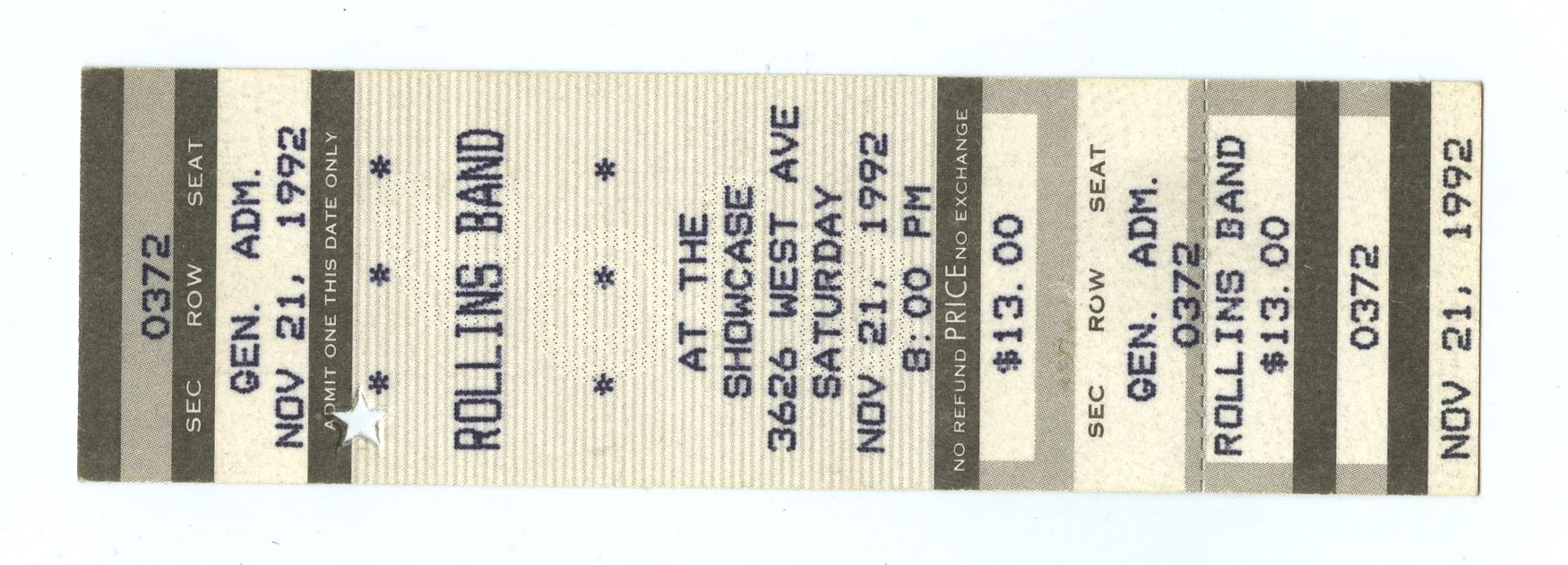 Rollins Band Ticket Vintage 1992 Nov 21 Showcase Detroit 