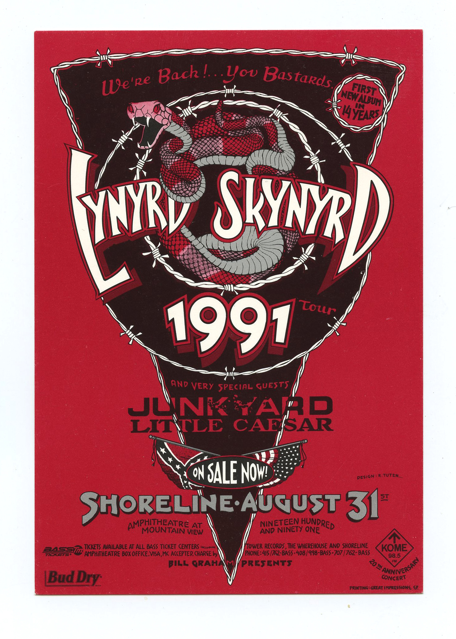 Lynyrd Skynyrd Handbill 1991 Aug 31 Shoreline Amphitheatre Randy Tuten