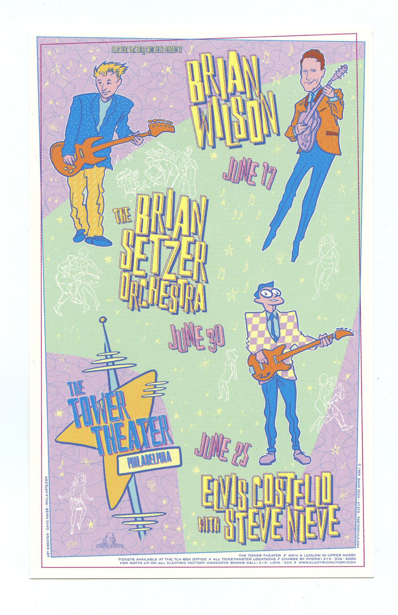 Elvis Costello Brian Wilson Brian Setzer Handbill Tower Theater 1999 Jun David Dean