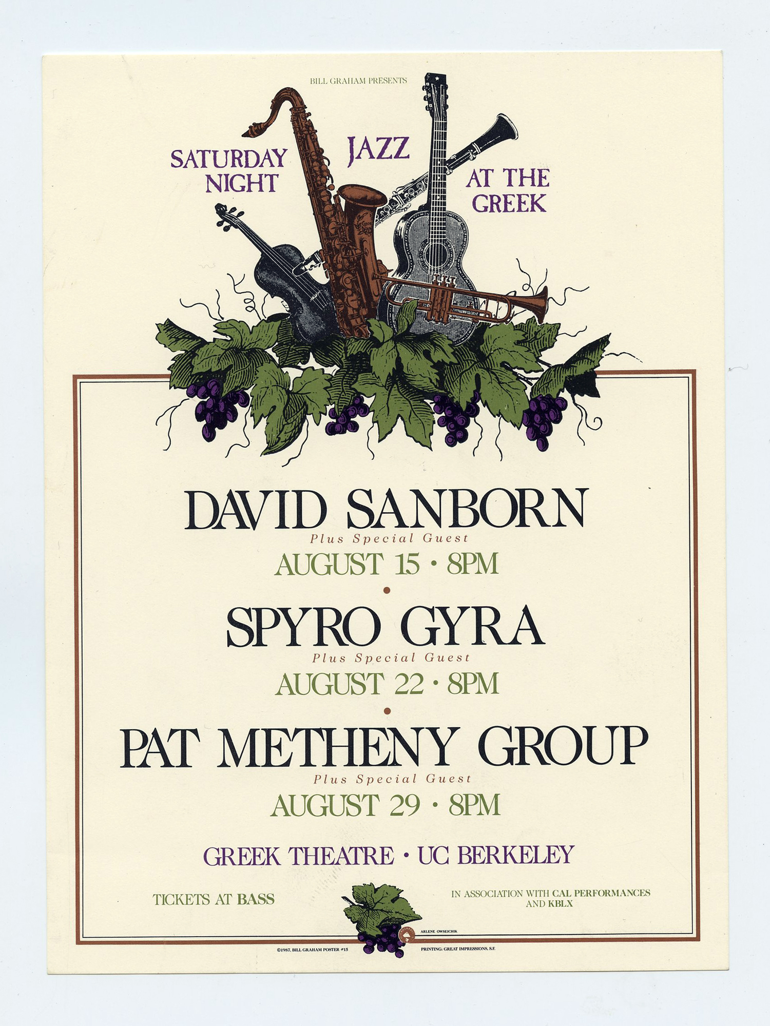 David Sanborn Spyro Gyra Handbill Greek Theatre Berkeley 1987 Aug 15 Arlene Owseichik