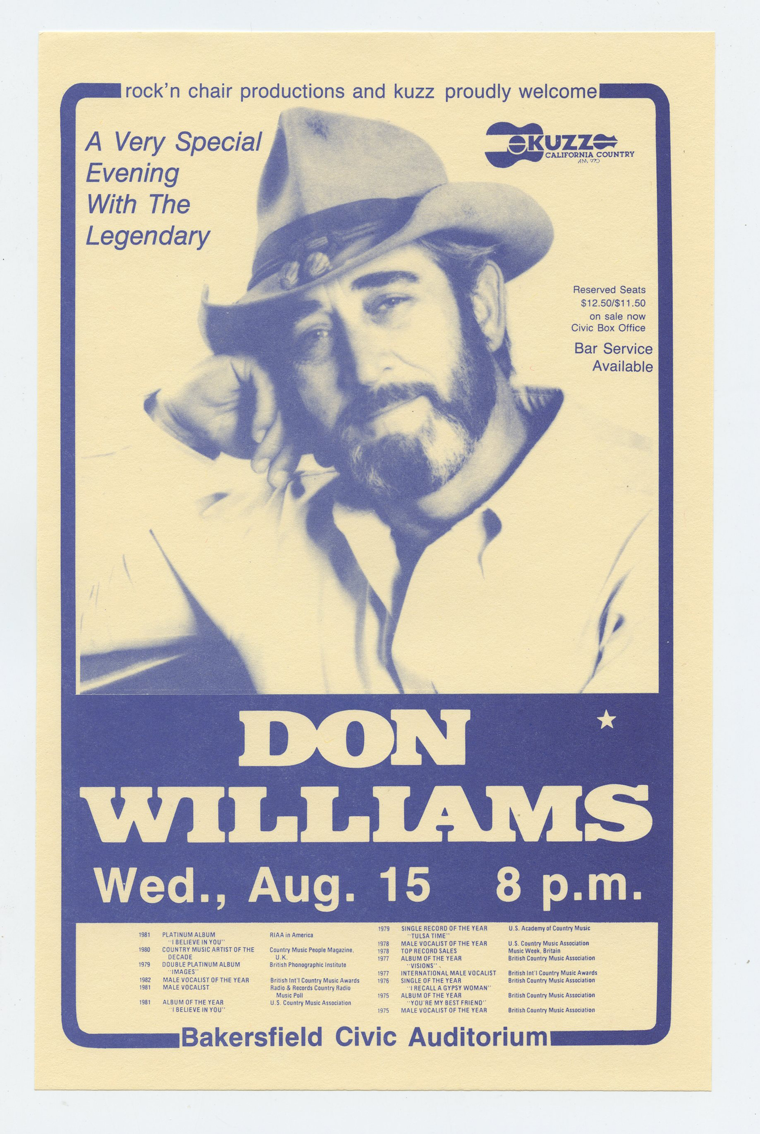 Don Williams Handbill 1984 August 15 Bakersfield Civis Auditorium