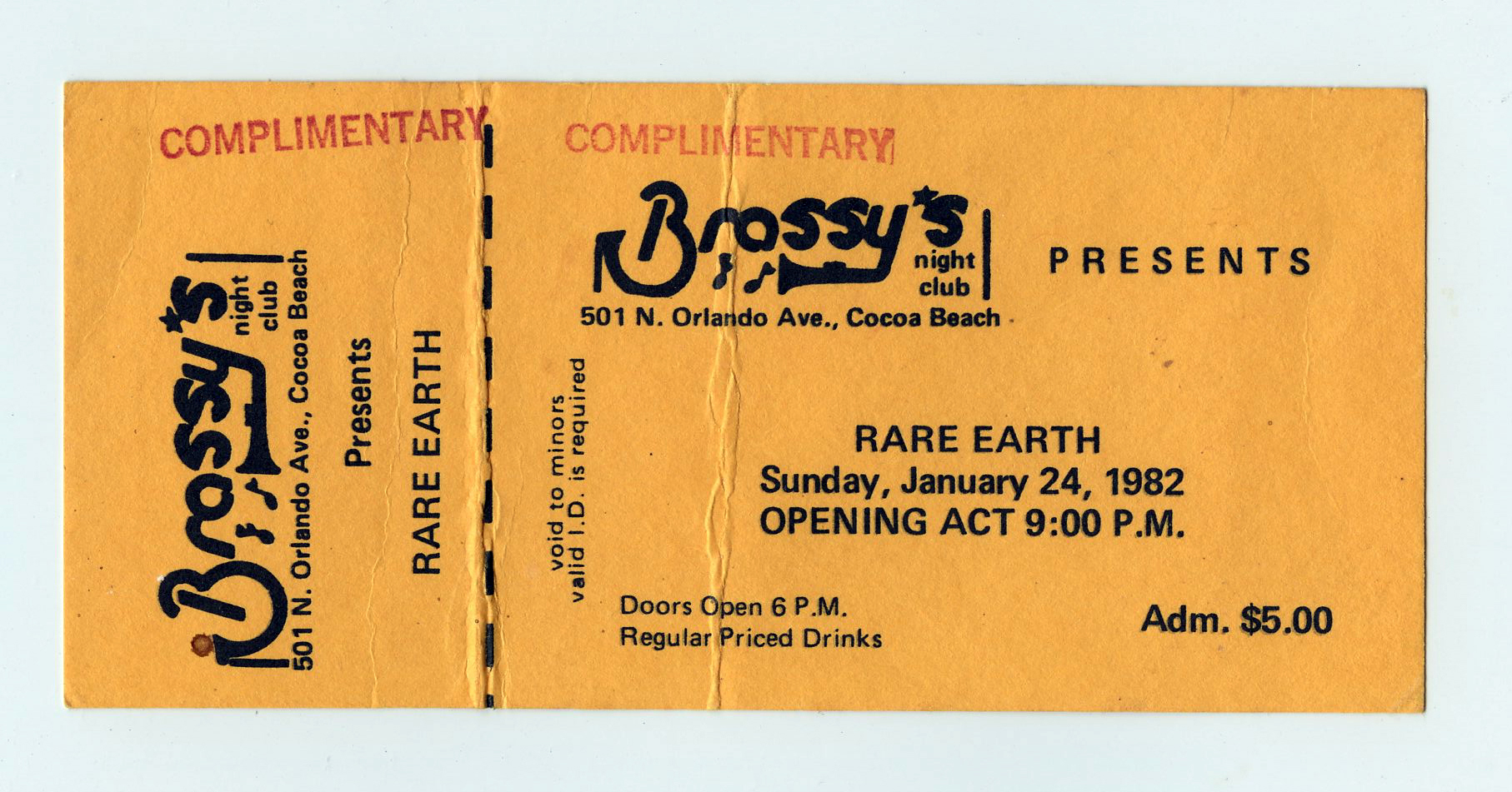 Rare Earth Ticket Vintage 1982 Jan 24 Brossy's Cocoa Beach FL Complimentary