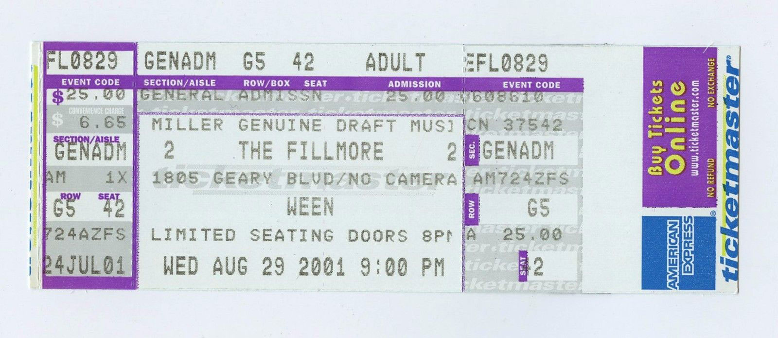 WEEN Ticket Vintage 2001 Aug 29 The Fillmore San Francisco