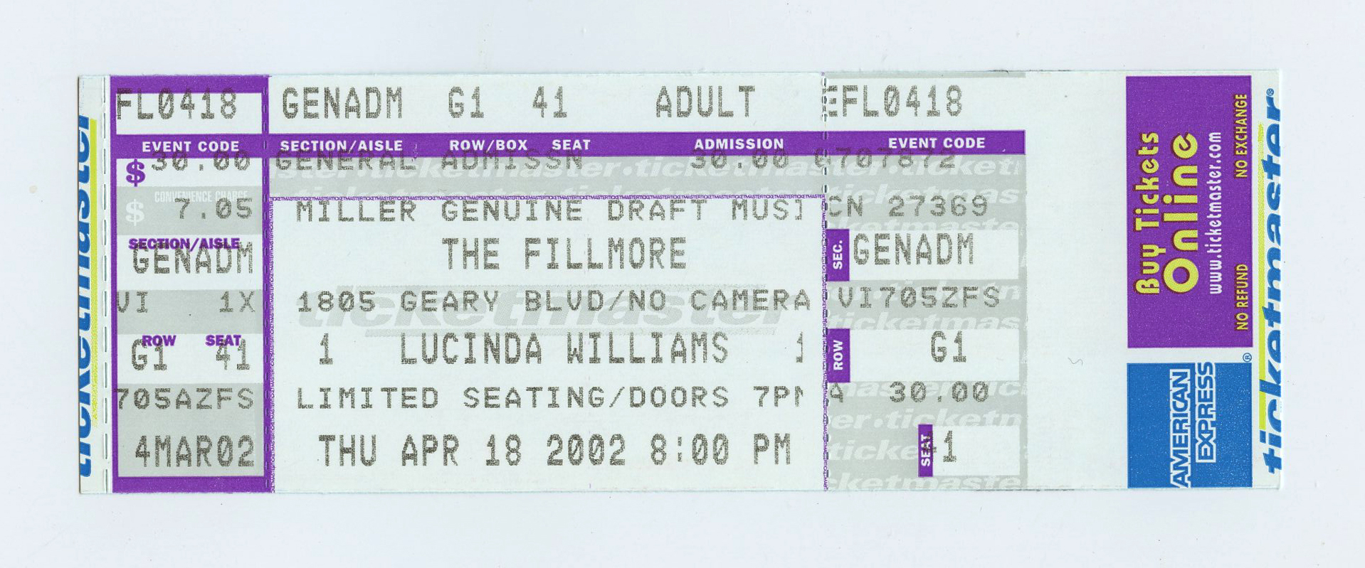 Lucinda Williams Ticket Vintage 2002 Apr 18 The Fillmore San Francisco  