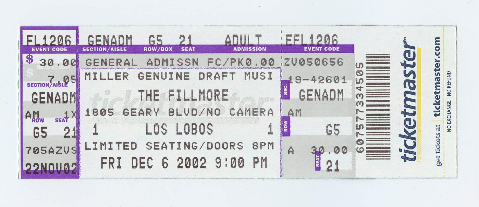 Los Lobos Ticket Vintage 2002 Dec 6 The Fillmore San Francisco  