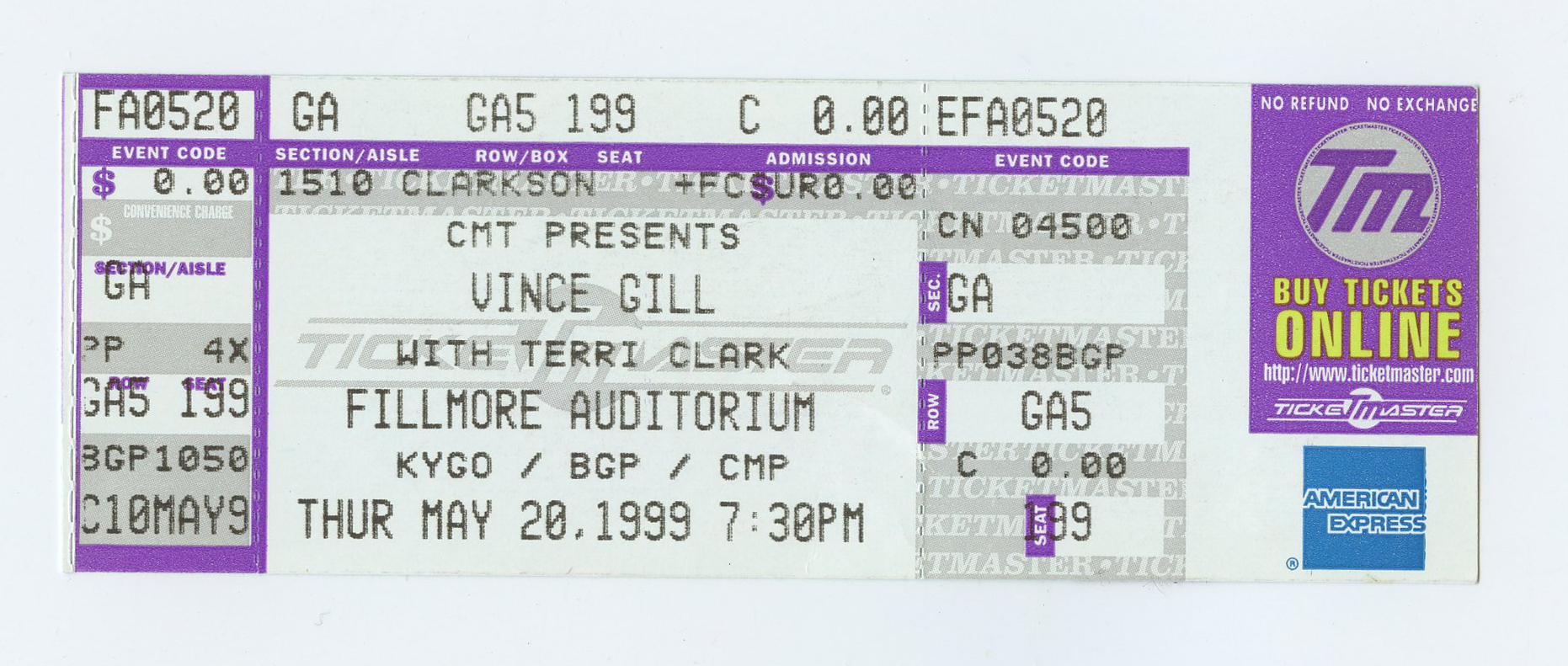 Vince Gill Ticket Vintage 1999 May 22 The Fillmore San Francisco 