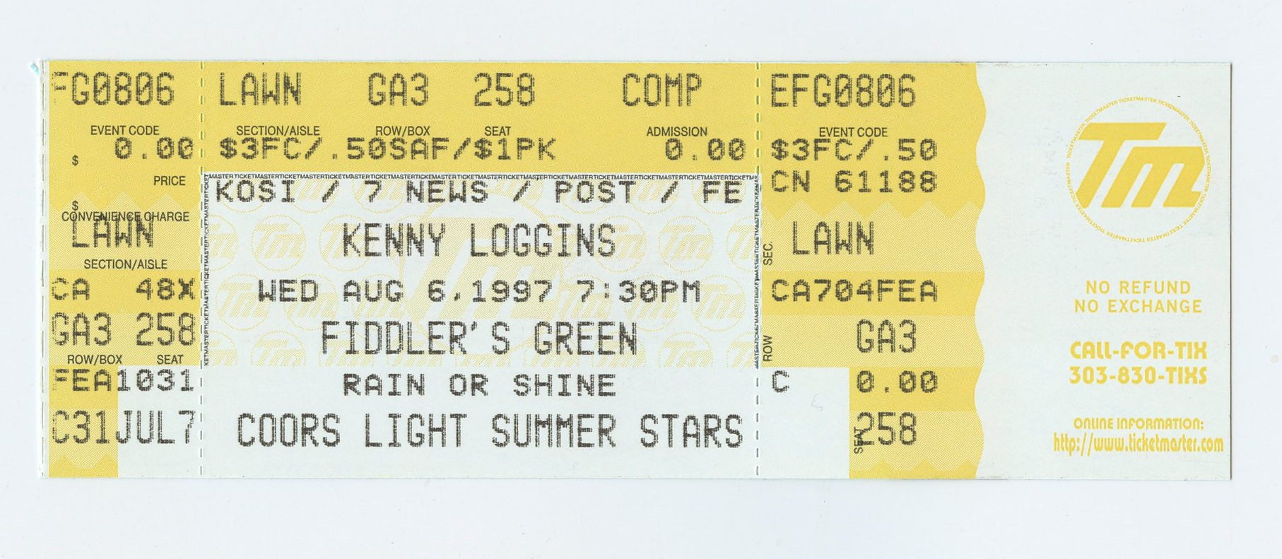 Kenny Loggins Ticket Vintage 1997 Aug 6 Fiddlers Green Amphitheatre 