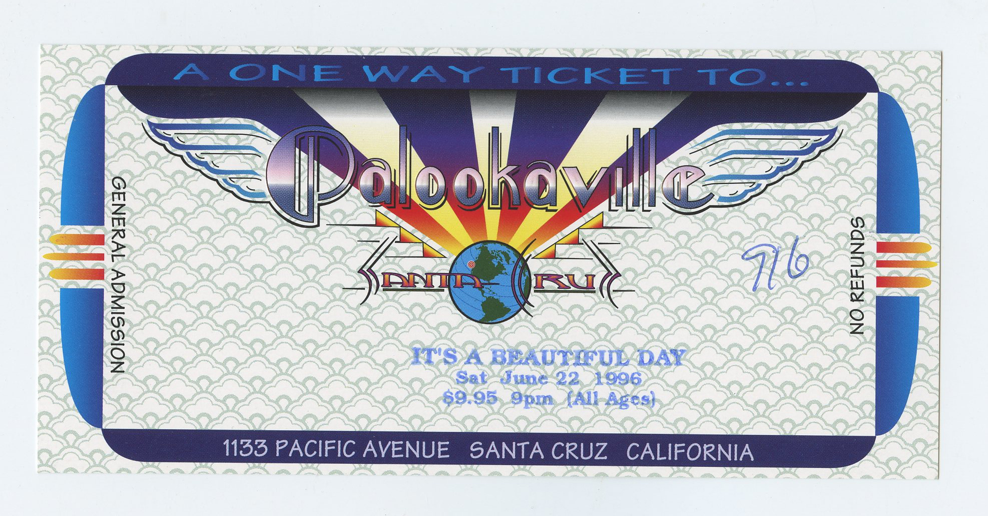 It's A Beautiful Day Ticket Vintage 1996 June 22 Palookaville Santa Cruz CA