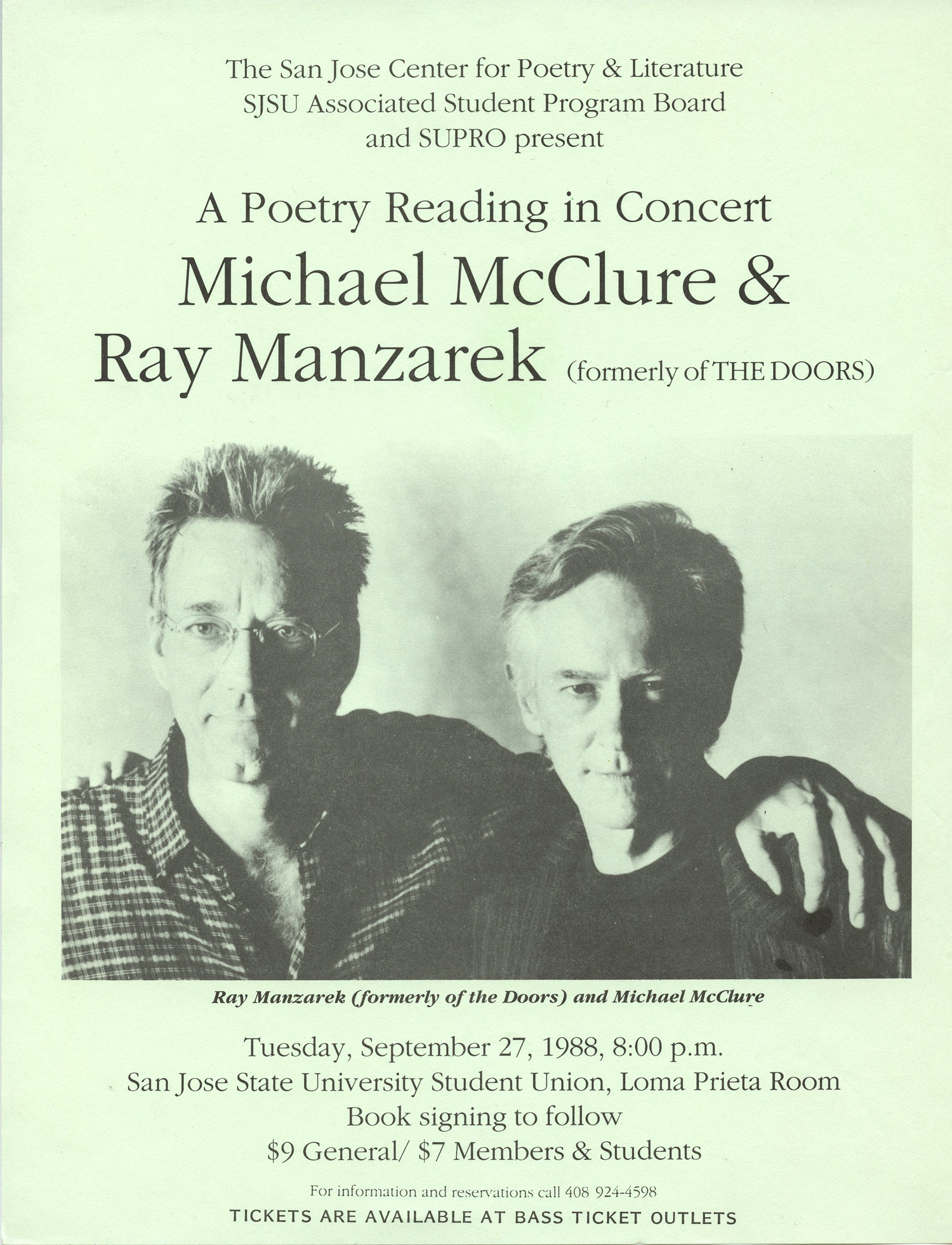 Ray Manzarek Michael McClure Handbill A Poetry Reading in Concert 1988 Sep 7