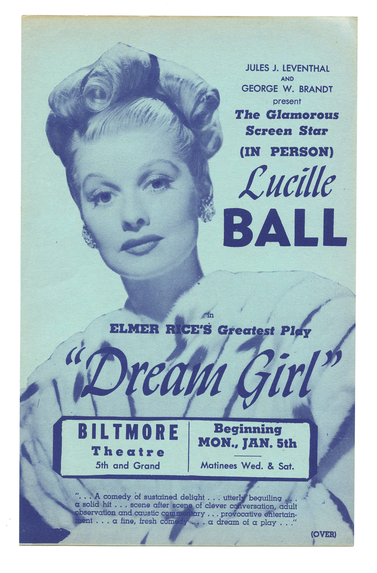 Lucille Ball Handbill Dream Girl 1948 Jan 5 Biltmore Theatre Los Angeles