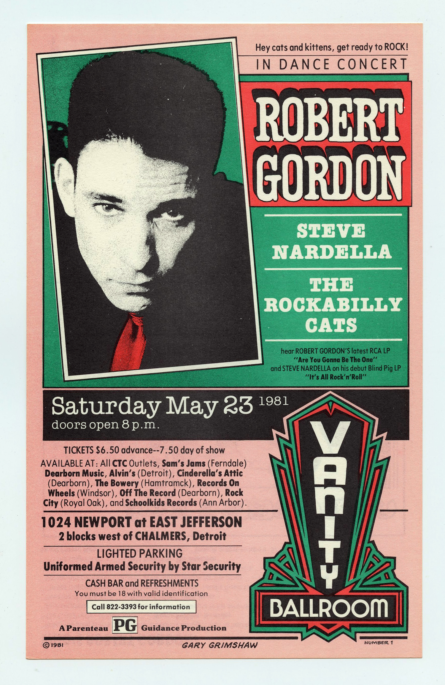 Robert Gordon Handbill 1981 May 23 Vanity Ballroom Detroit 2 Sided Gary Grimshaw