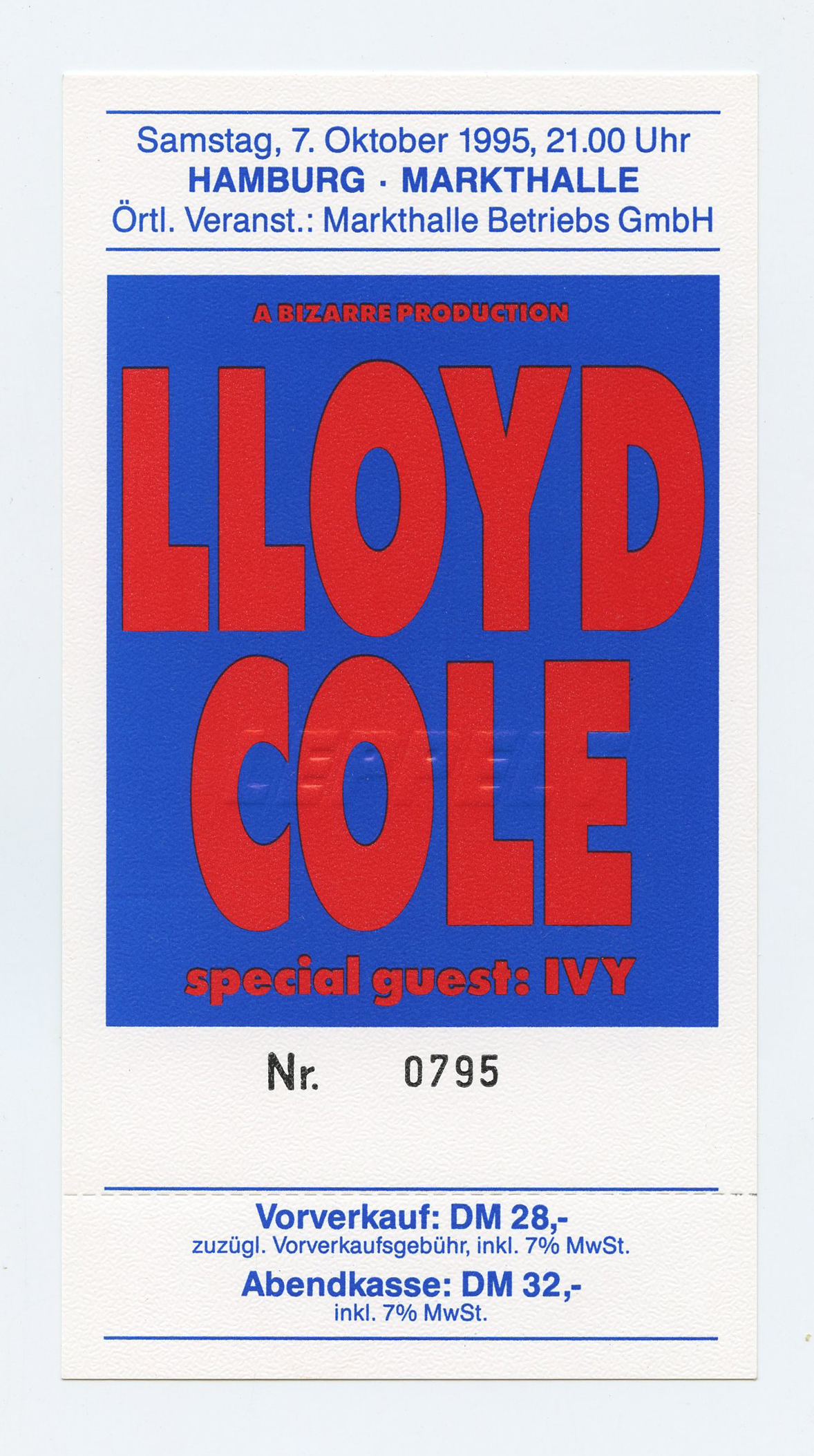 Lloyd Cole Ticket Vintage 1995 Oct 7 Hamburg Germany 