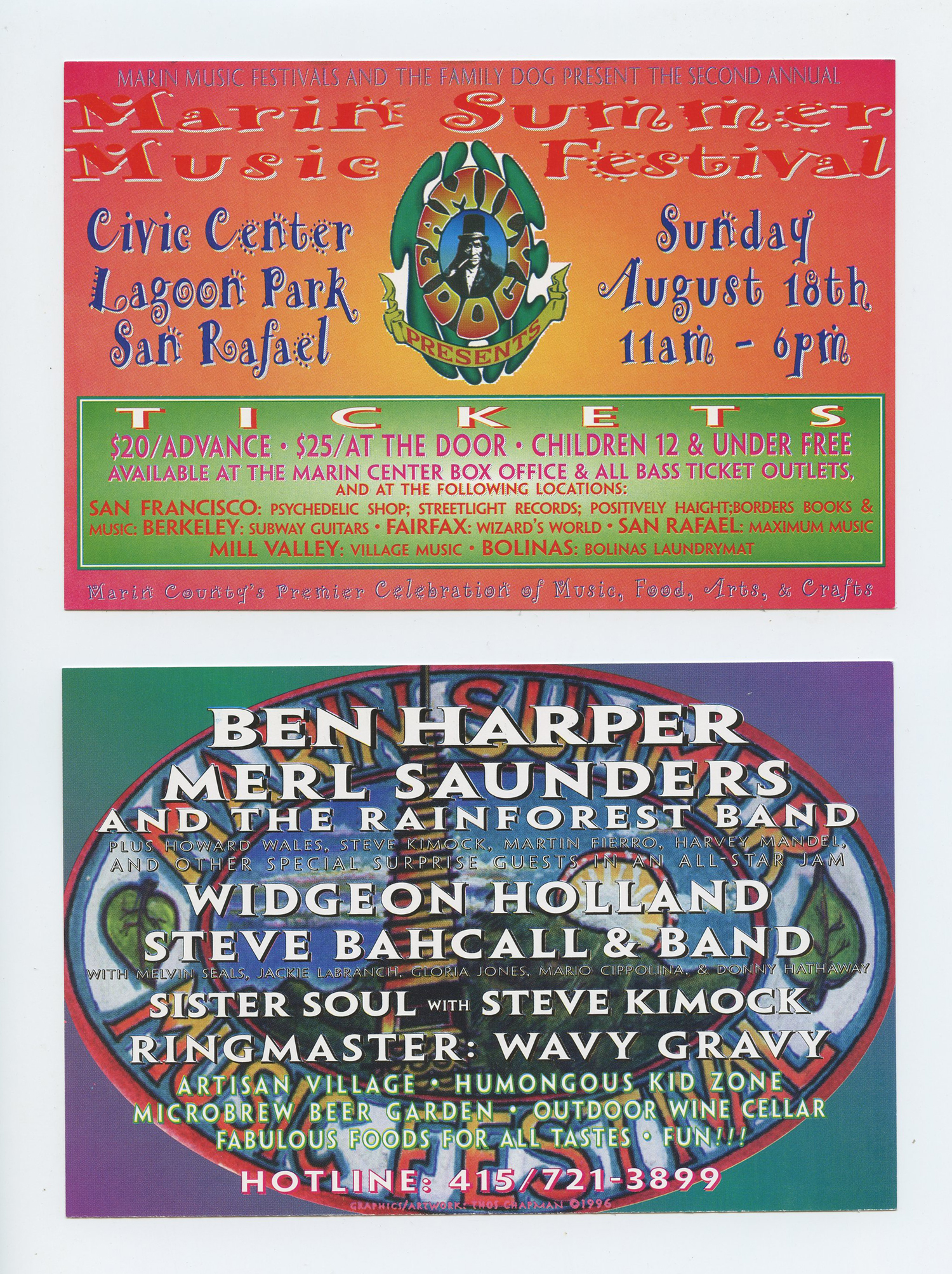 Marin Summer Music Festival 1996 Family Dog Handbill 2 sided Merl Saunders Ben Harper