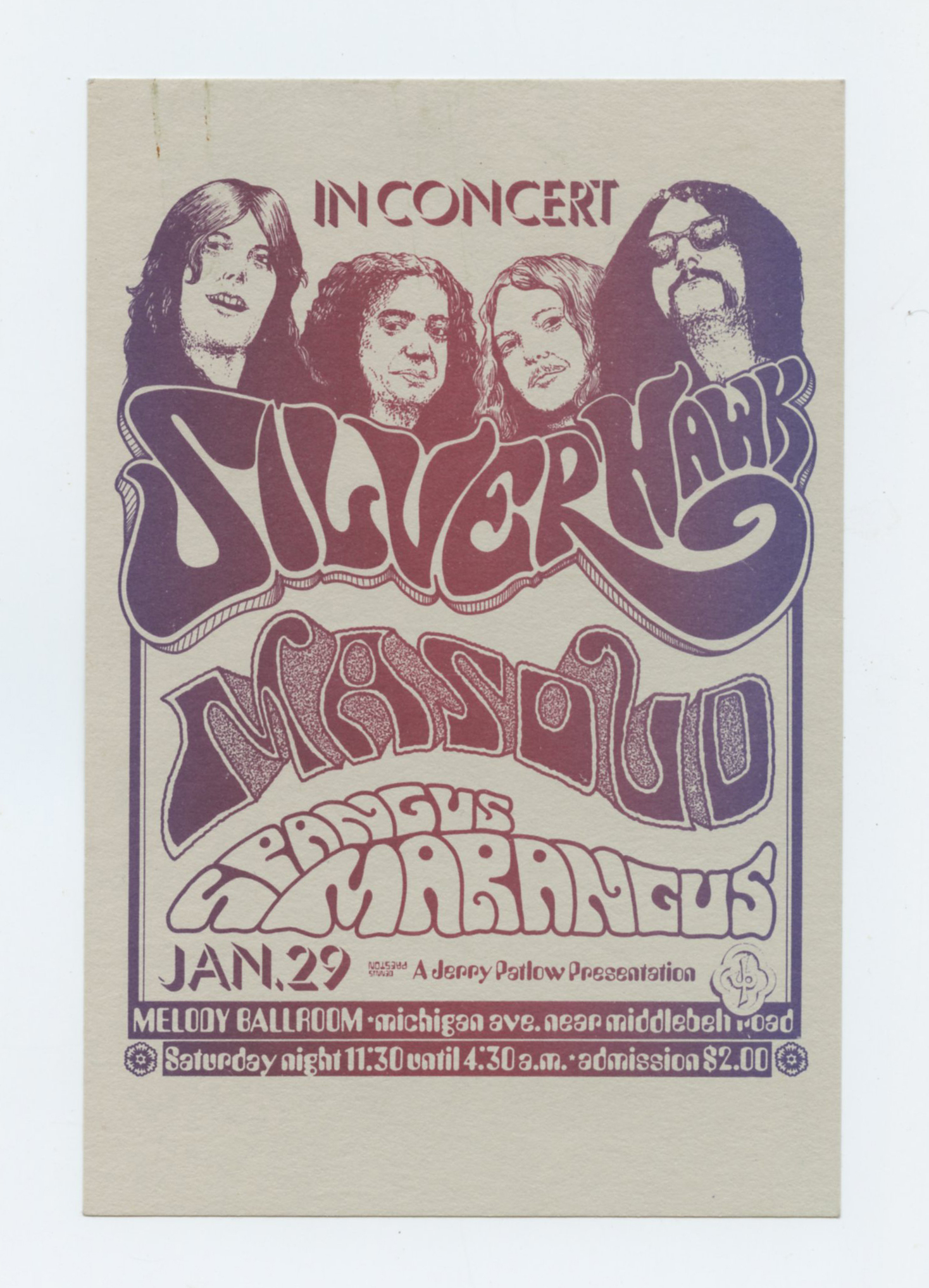 Silver Hawk Handbill Masoud Spangus Marangus 1972 Jan 29 Melody Ballroom 