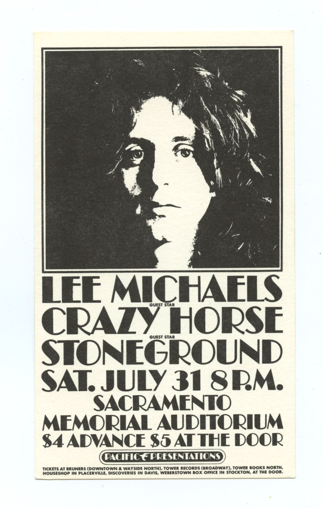 Lee Michaels Handbill Crazy Horse Stoneground 1971 Jul 31 Sacramento