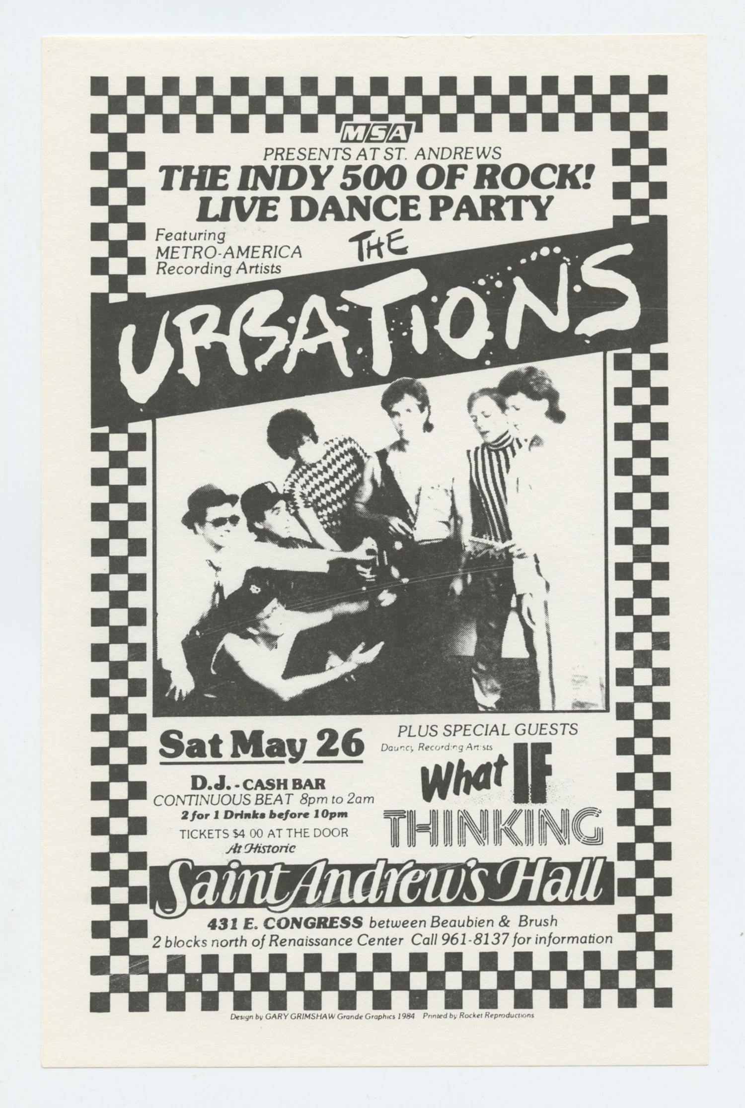 Saint Andrew's Hall Handbill 1984 May 26 The Urbations Gary Grimshaw