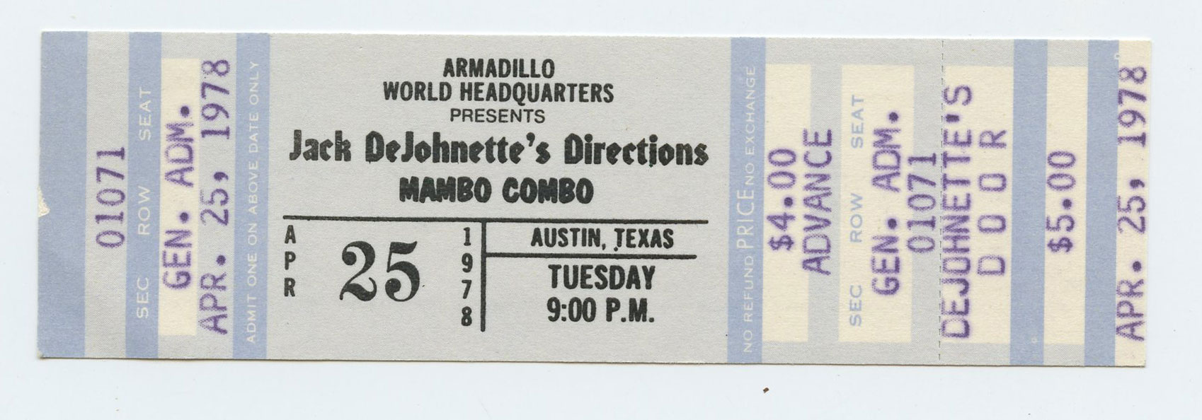 Jack DeJohnette's Directions Ticket Vintage 1978 Apr 25 Austin TX 