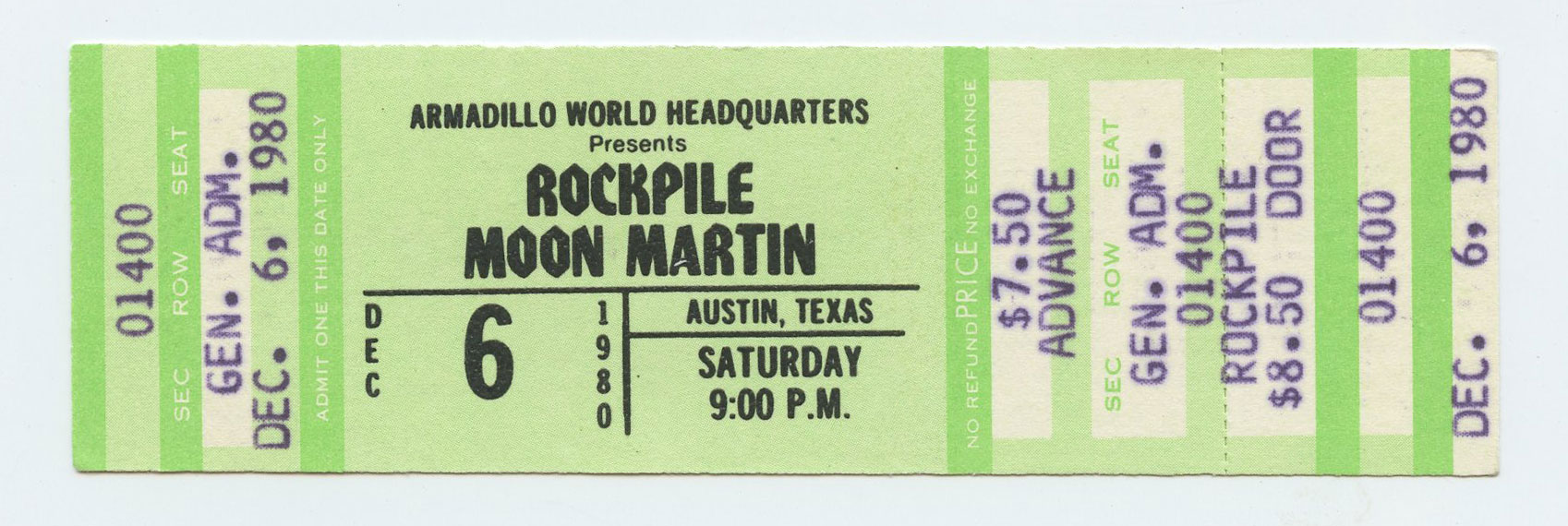 Rockpile Ticket Vintage W/ Moon Martin 1980 Dec 6 Austin TX 