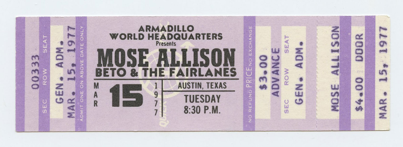 Mose Allison Ticket Vintage 1977 March 15 Austin TX 