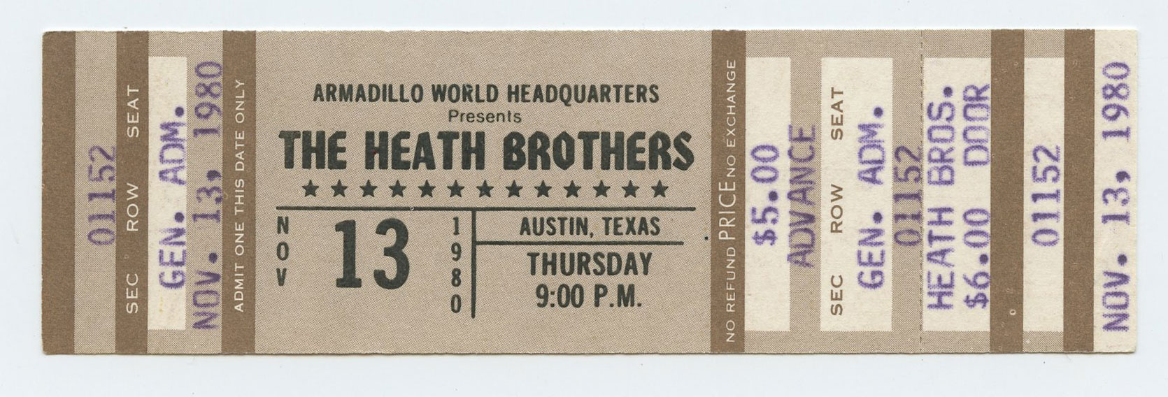 The Heath Brothers Ticket Vintage 1980 Nov 13 Austin TX 