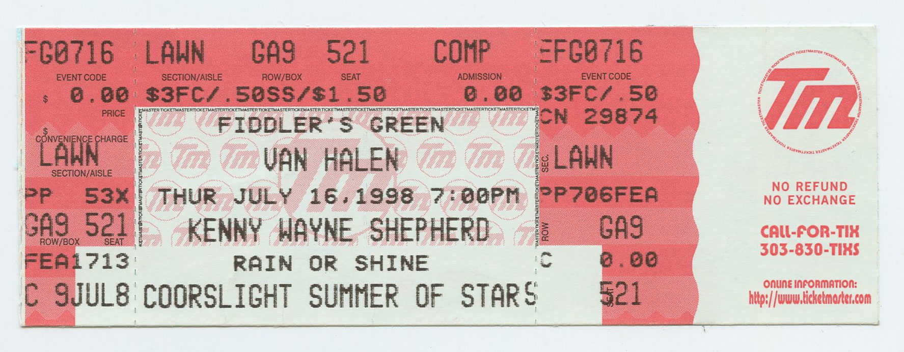 Van Halen Ticket Vintage 1998 Jul 16 Fiddlers Green 