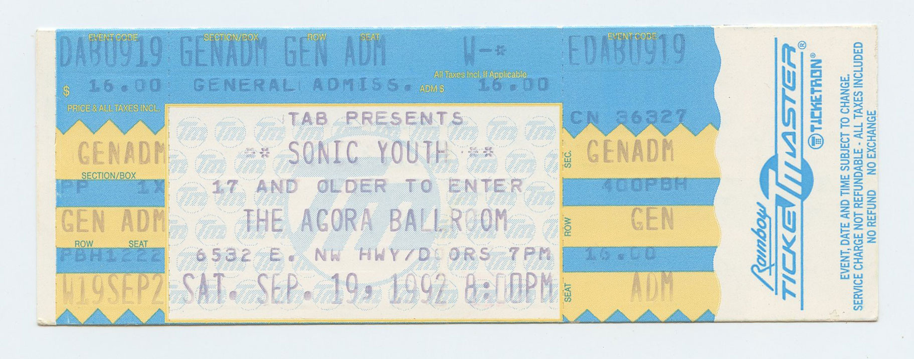 Sonic Youth Ticket Vintage 1992 Sep 19 The Agora Ballroom Dallas