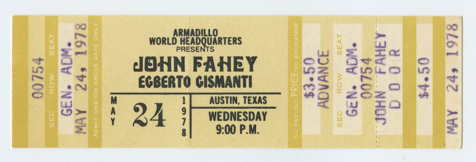 John Fahey Ticket Vintage 1978 May 24 Austin TX 