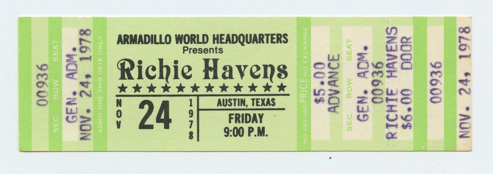 Richie Havens Ticket Vintage 1978 Nov 24 Austin TX 