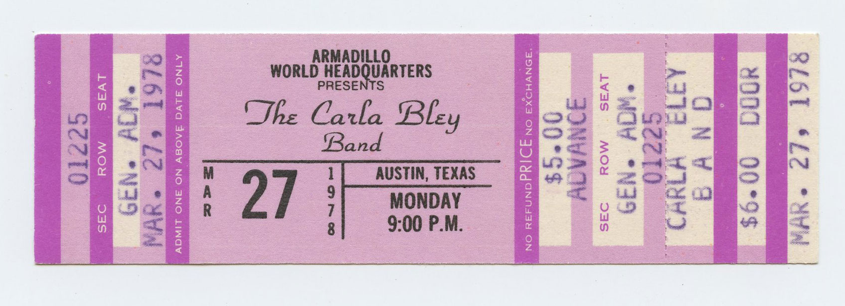 The Carla Bley Band Ticket Vintage 1978 Mar 27 s Austin TX  